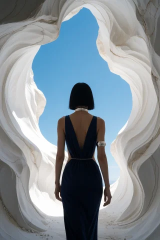 Cinematic Minimalist Fashion Photography, Rear View Of An El... — Stable Diffusion AI Prompt: Cinematic minimalist fashion photography, rear view of an elegant Asian woman wi...