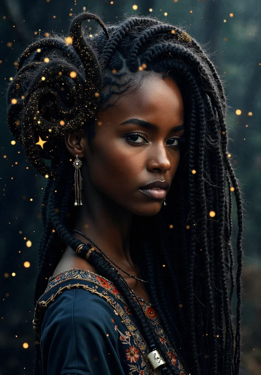 A Detailed Image Of A Darkskinned Woman With Dark Braids And...