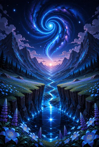 A Breathtaking Landscape Featuring A Deep Valley Between Tow... — Stable Diffusion AI Prompt: A breathtaking landscape featuring a deep valley between towering, jagged blue m...