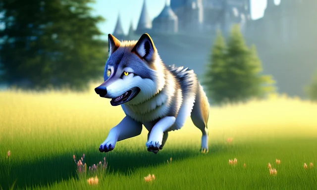 A Wolf Running In Grass Field, Castle Faraway In Horizon, Ca...