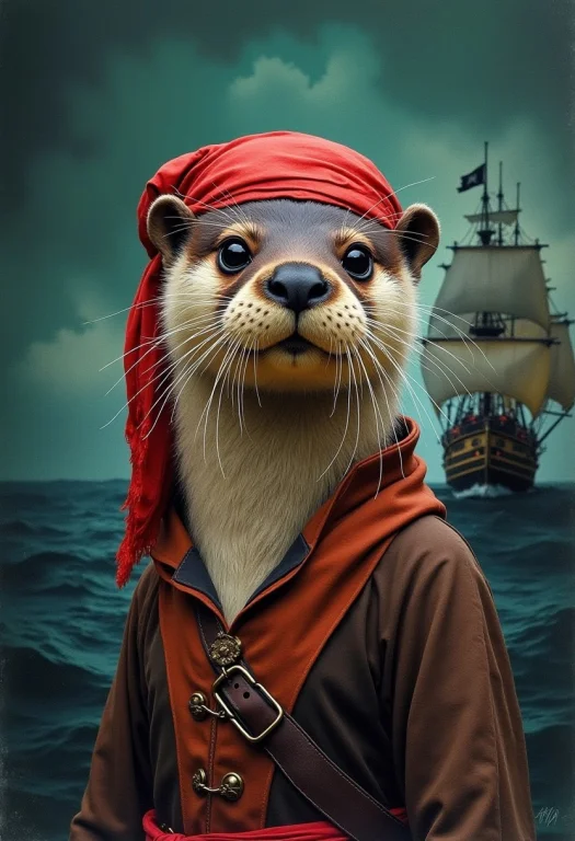 An Otter, Dark Brown Fur, Black Eyes Eyes, Short Sleek Fur,...