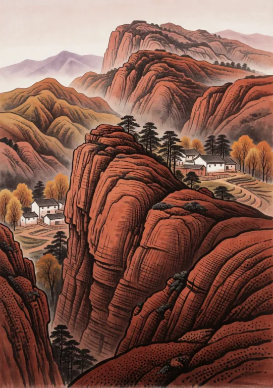 Redshanhe, A Layered Mountain Landscape Unfolds In Rich, Ter...