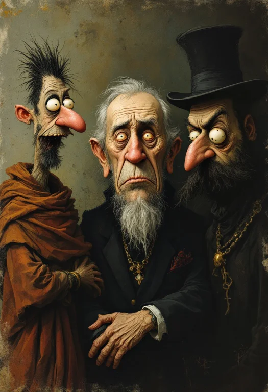 Mind, Honor And Conscience, Three Funny Figures, Caricature...
