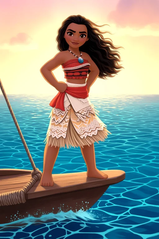 Moana Standing At The Edge Of A Boat, Wind Catching Her Wavy...