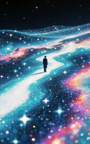 A Solitary Human Silhouette Standing On A Luminous Path Acro... — Stable Diffusion AI Prompt: A solitary human silhouette standing on a luminous path across an infinite cosmi...