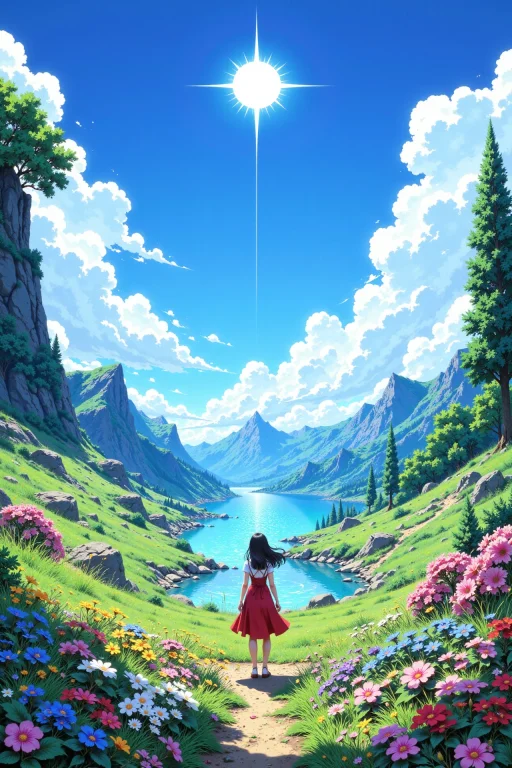 Finnish Beautiful Anime Landscape, Bright Sunny Sky, Woman,...