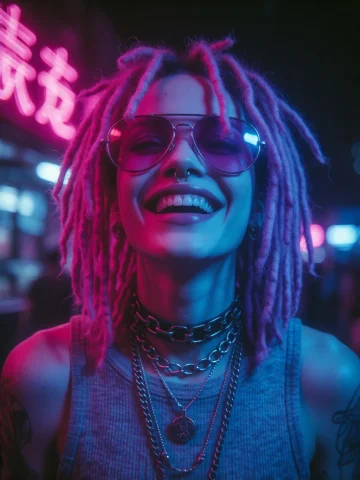 A Young Woman With Pink And Purple Dreadlocks, Wearing Aviat... — Stable Diffusion AI Prompt: a young woman with pink and purple dreadlocks, wearing aviator goggles on her he...