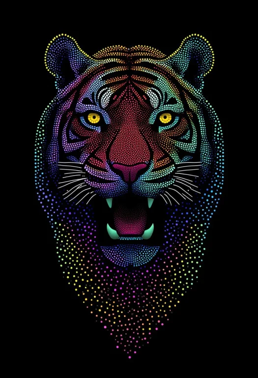 A Fierce Tiger Staring Forward, Made From Glowing Dots, In T...