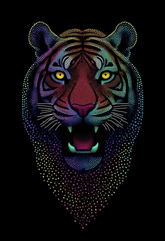 A Fierce Tiger Staring Forward, Made From Glowing Dots, In T... — FLUX AI Prompt: A fierce tiger staring forward, made from glowing dots, in the style of PSYCHDOT...