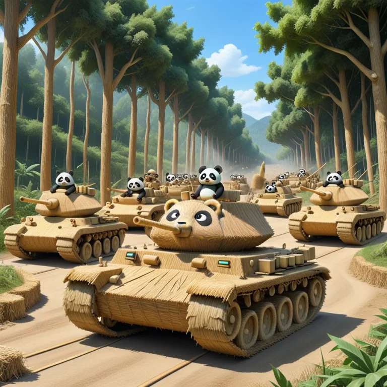 Army Pandas On Tanks Driving Into Battle In A Forest Entirel...