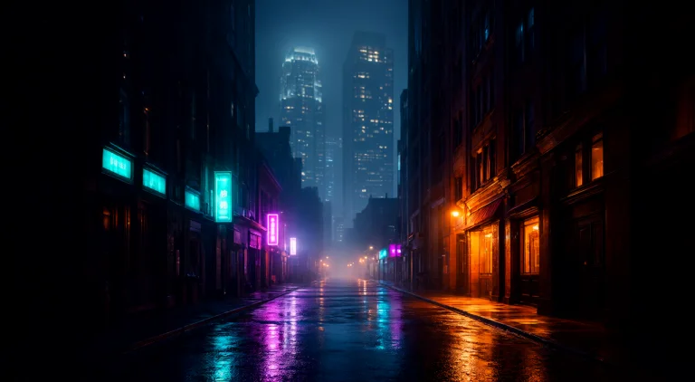 A Quiet Urban Alleyway Late At Night, Towering Skyscrapers L...
