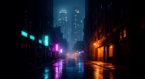 A Quiet Urban Alleyway Late At Night, Towering Skyscrapers L... — Stable Diffusion AI Prompt: A quiet urban alleyway late at night, towering skyscrapers lit up in the soft ba...