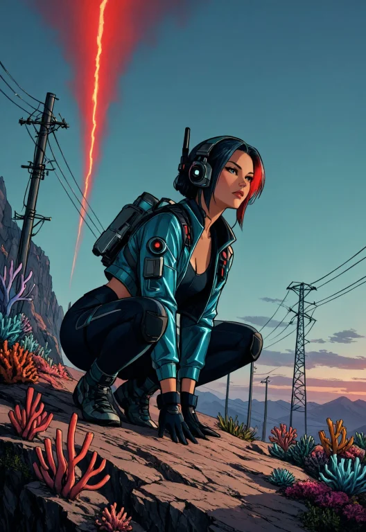 Fashion-forward Rebel Wearing Coral Combat Gear And A Sky-bl...