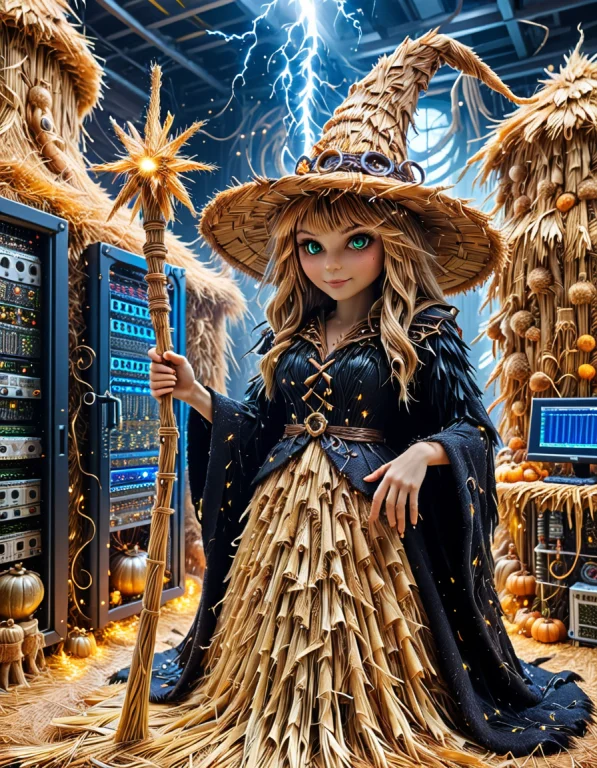 A Witch In A Pointy Hat Holding A Wand With Sparks In A Mass...