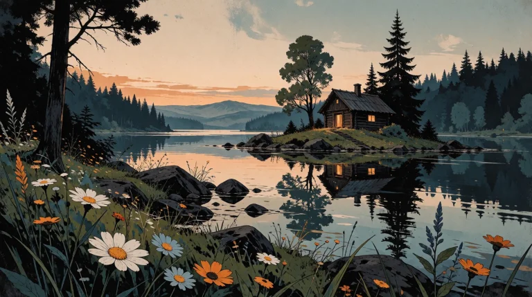 Stylized Illustration, A Peaceful Lakeside At Dusk, Wildflow...