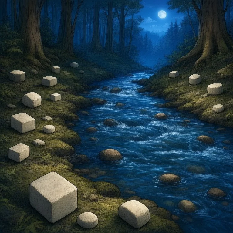 Inside A Forest, A Small River, Small Geometric Stones Lying...