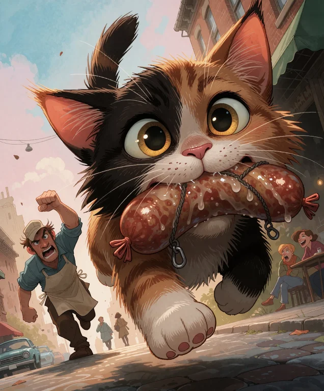 A Calico Kitten Runs Towards The Viewer Carrying A Stolen Sa...