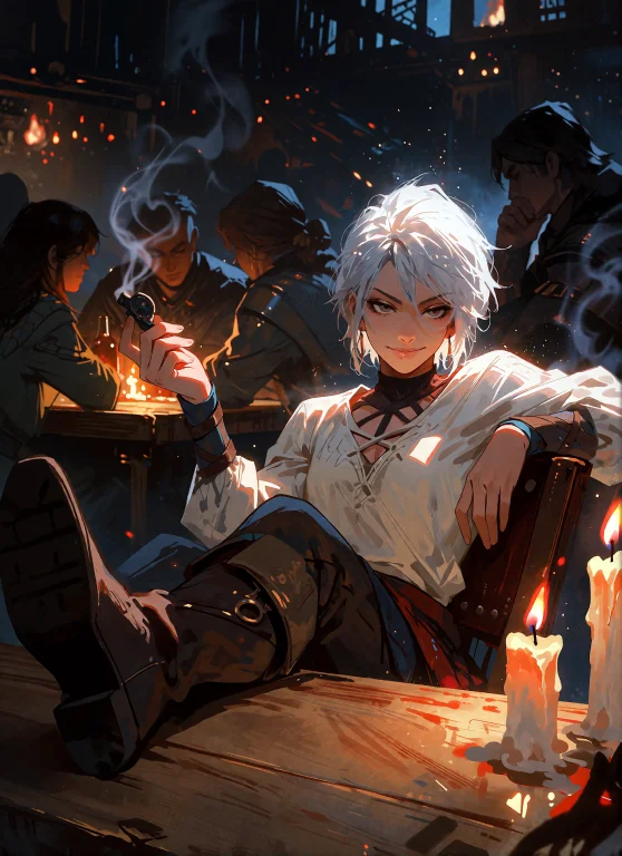 Modenijianime, A Relaxed Yet Guarded Scene Inside A Dimly Li...
