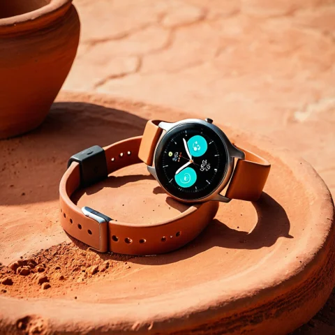 Tech Terracotta Watch — SDXL AI Prompt: , techterracotta, a smartwatch on raw terracotta clay pottery, warm earthy dayli...