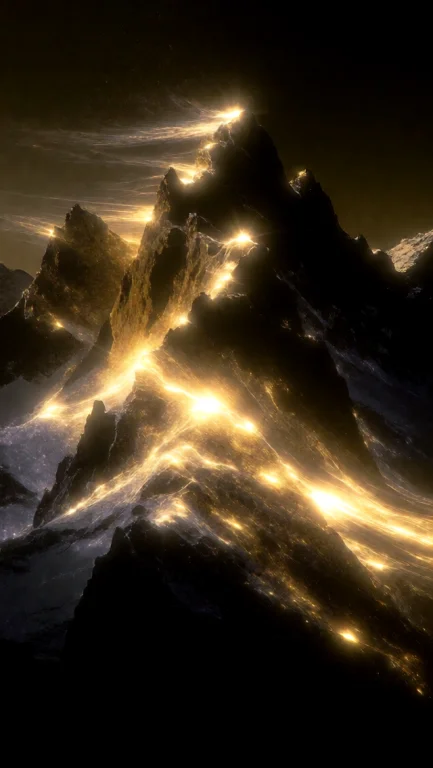 Jagged Mountain Peaks Rise Against A Dark Horizon, Their Rid...