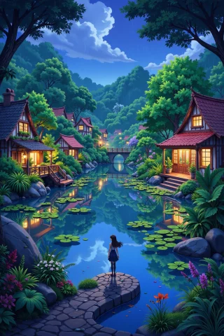 Pond City Beautiful Anime Landscape, Rainy Day, Woman, Very... — FLUX AI Prompt: pond city beautiful anime landscape, rainy day, woman, very intricate, very deta...