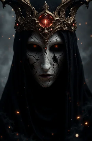 Dark Queens Broken Mask, Glowing Crown Faintly Flickering Sh... — FLUX AI Prompt: Dark queenâs broken mask, glowing crown faintly flickering shadows. ,