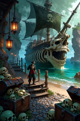 , Boneswm, A Pirate Cove With A Dock Built Of Rib Bone Plank... — Stable Diffusion AI Prompt: , boneswm, a pirate cove with a dock built of rib bone planks on femur pilings,...