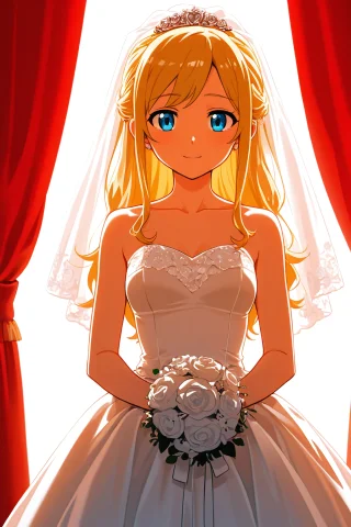Weddingdress,, Blonde Hair, Blue Eyes, Red Curtain, Backligh... — Stable Diffusion AI Prompt: {wedding^dress,}, {blonde hair, blue eyes}, red curtain, backlighting, anime