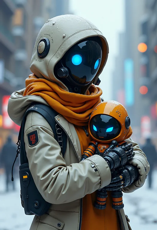 Female Robot Hooded, Scarf, Jacket, Holding Cute Robot In Ar...