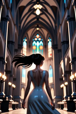 Woman Closeup, A Female Figure Standing In A Grand Cathedral... — Stable Diffusion AI Prompt: woman closeup, A female figure standing in a grand cathedral, her silhouette ill...