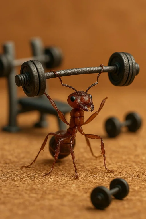 Macro Photo, Ant Lifting A Tiny Dumbbell, Bodybuilding In A...