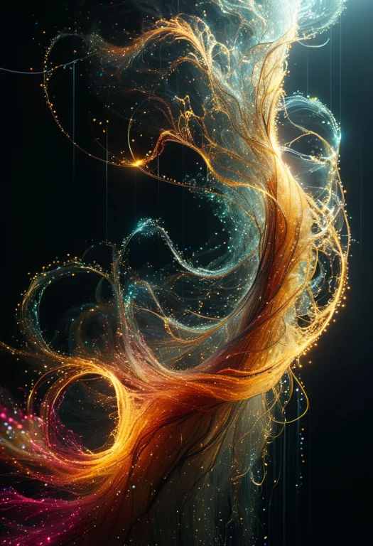Singular Intricately Flowing Light Strands Against A Black B...