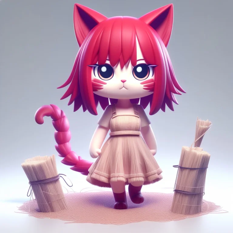A 3d Chibi Anime Red Hair Cat Girl Wear Straw Dresses Made O...