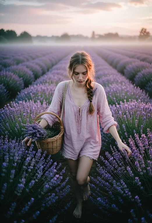 A High-angle Wide Shot Of A Young Beautiful Hippie Woman, Sl...