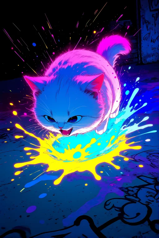 A Fluffy Anime Cat Pouncing On Glowing Paint Droplets, Each...
