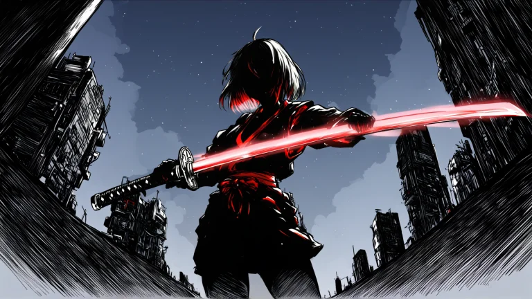 Masterpiece, Best Quality, Monochrome, 1girl, Street Samurai...