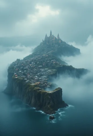 A Large Island In The Middle Of A Calm Ocean. The Entire Isl... — FLUX AI Prompt: a large island in the middle of a calm ocean. The entire island is shrouded in a...