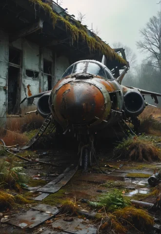 Winter, Dark, Dusk, An Abandoned Old Rusty Fighter Jet, An O... — SDXL AI Prompt: winter, dark, dusk, an abandoned old rusty fighter jet, an overgrown , frame wea...