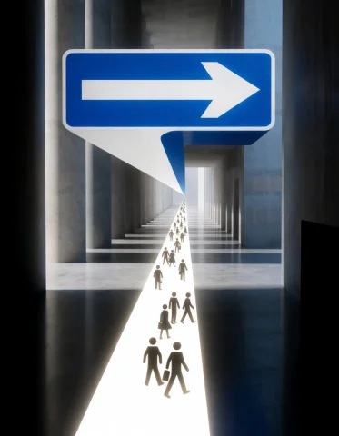 Immersive Arrow Corridor Prompt — Stable Diffusion AI Prompt: A rectangular blue one-way arrow sign becomes an impossible architectural corrid...