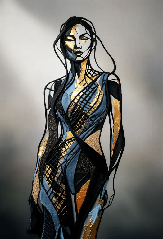 A Single Female Figure Rendered In Fragmented, Flowing, Elon...