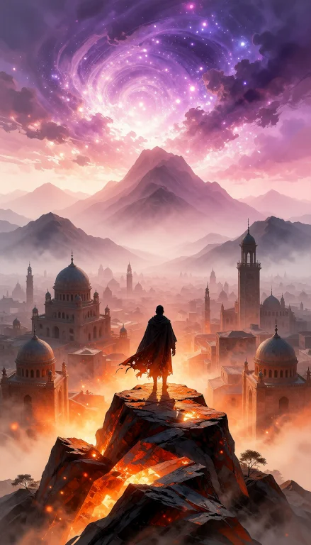 A Solitary Figure Clad In A Dark,flowing Cloak Stands Atop A...