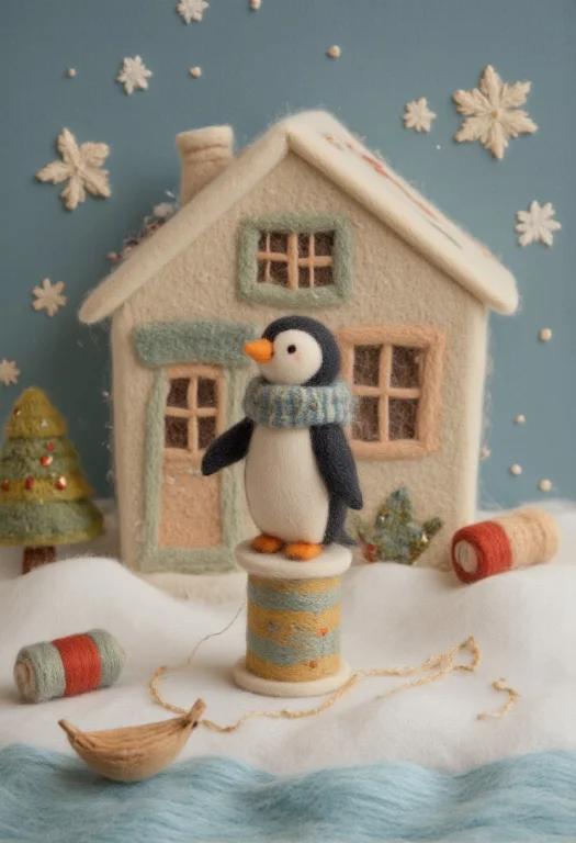 Felt-crafted, Felt Art, A Penguin In A Knitted Sweater Sitti...