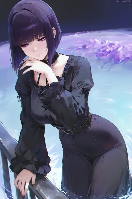 1girl, Goth Girl, Dark Purple Bob, Side Part Hair1.2, Lavend...