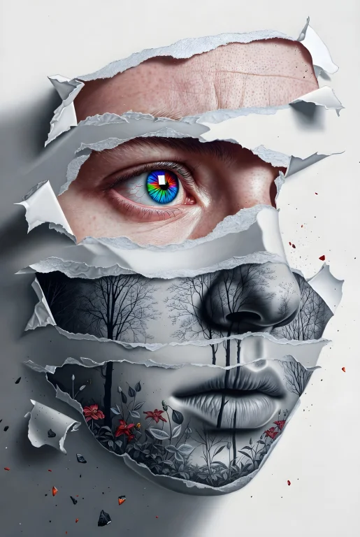 A Hyperrealistic Oil Painting, Her Face Is Made Of Paper Whi...