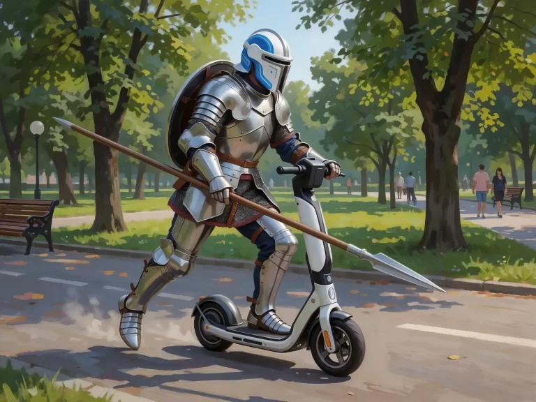 Knight In Full Armor Riding Electric Scooter Holding Spear I...