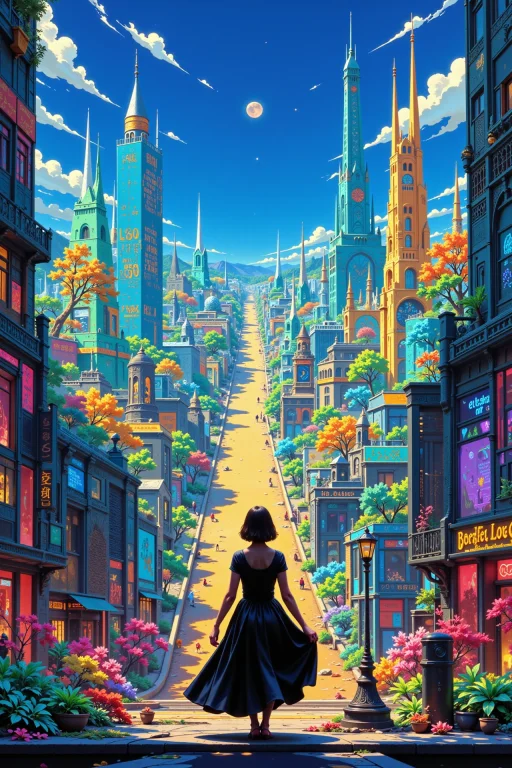 Blue Sky City Beautiful Landscape, Noon, Woman, Very Intrica...