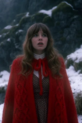 Stable Diffusion Young Woman in Snow — Stable Diffusion AI Prompt: A young woman with long, wavy brown hair and bangs, wearing a bright red knitted...