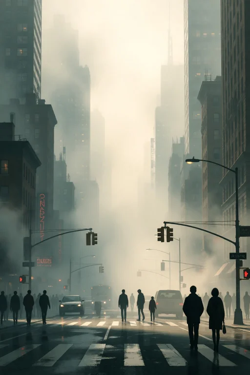 Strangedaal. A Bustling City Street Enveloped In Thick Morni...