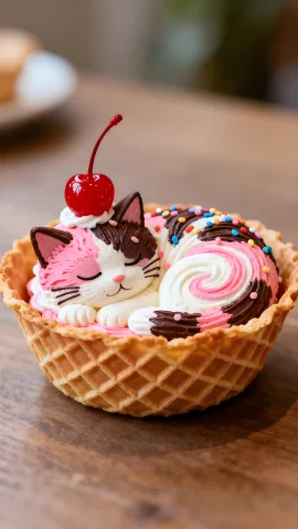 A Cute, Artistic Dessert Shaped Like A Sleeping Calico Cat C... — Stable Diffusion AI Prompt: A cute, artistic dessert shaped like a sleeping calico cat curled up inside a cr...