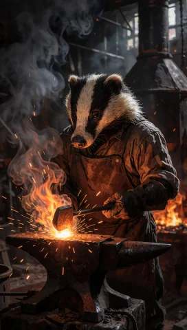 27. Anthropomorphic Badger Blacksmith, Victorian Iron Foundr... — Stable Diffusion AI Prompt: 27. Anthropomorphic badger blacksmith, victorian iron foundry, glowing anvil spa...